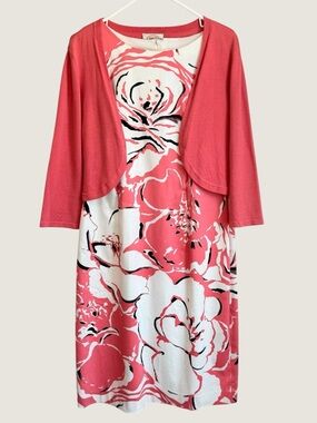 Talbots Coral Floral Dress & Shrug Set Size 10 Midi Lined Occasion